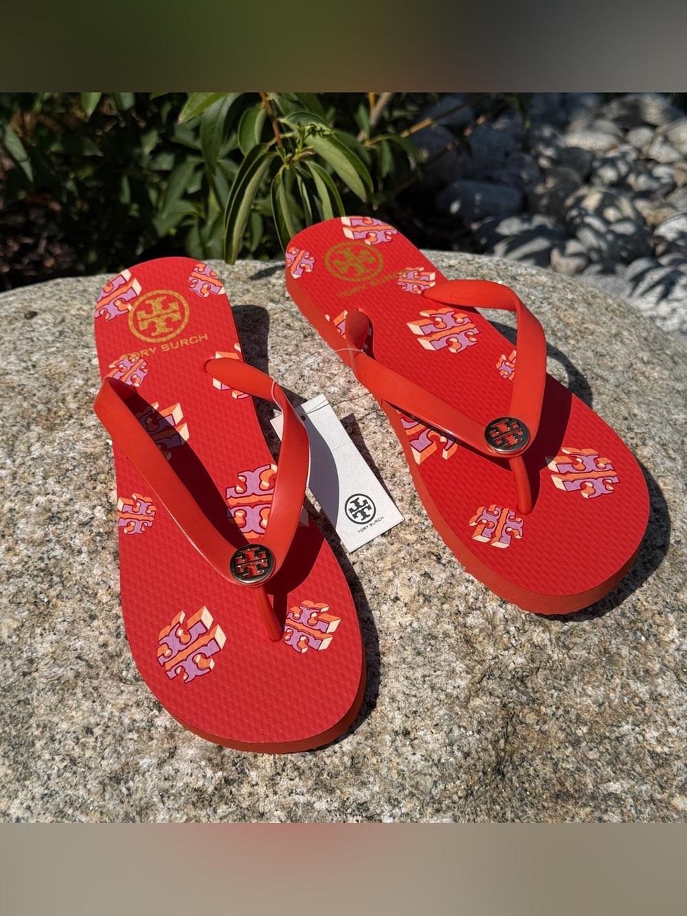 Tory Burch Crazy Logo Flip Flops 10 Poppy Red NWT Beach Pool Resort Sandals
